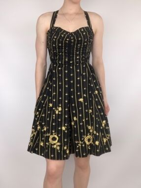 Moulinette Soeurs Black Mini Dress with Yellow Floral Pinstripes